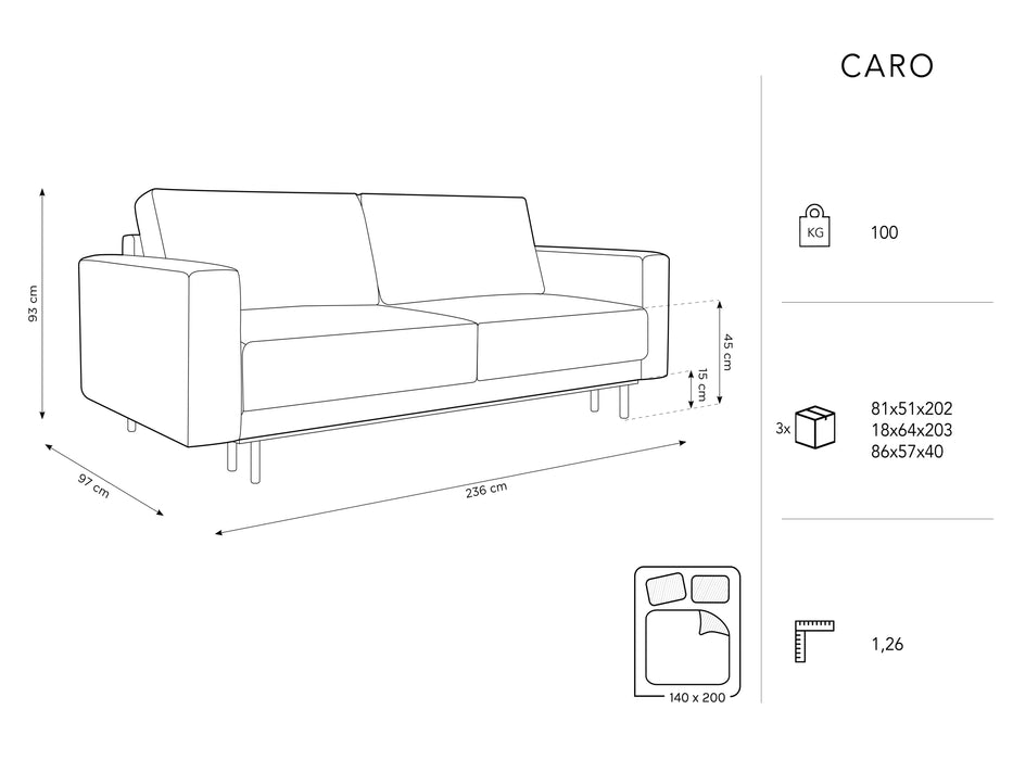 Trivietė sofa-lova su dėže Caro