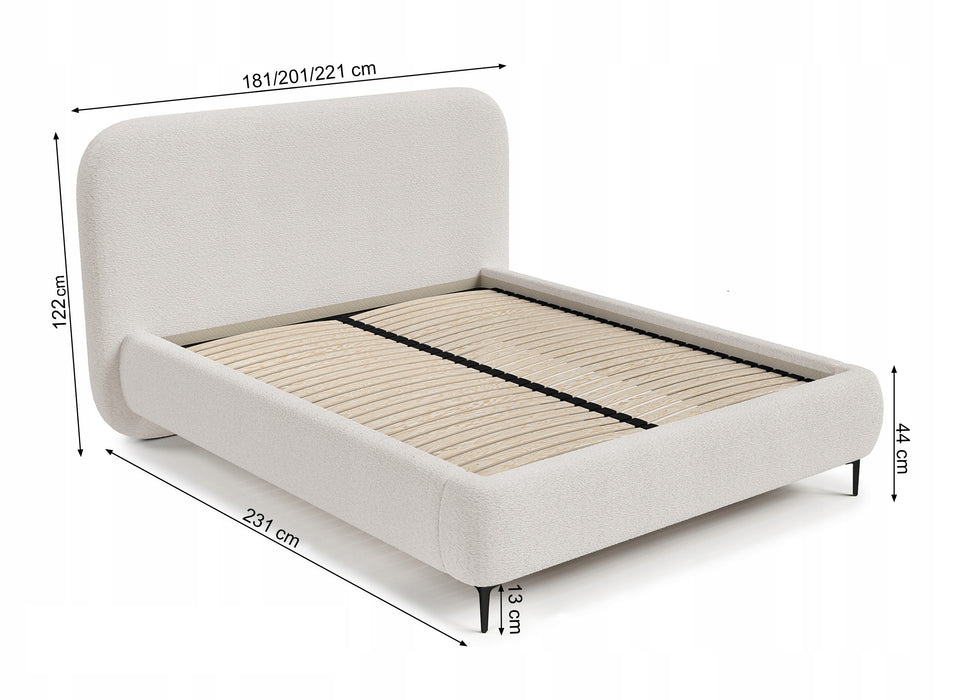 The bed is covered with boucle fabric