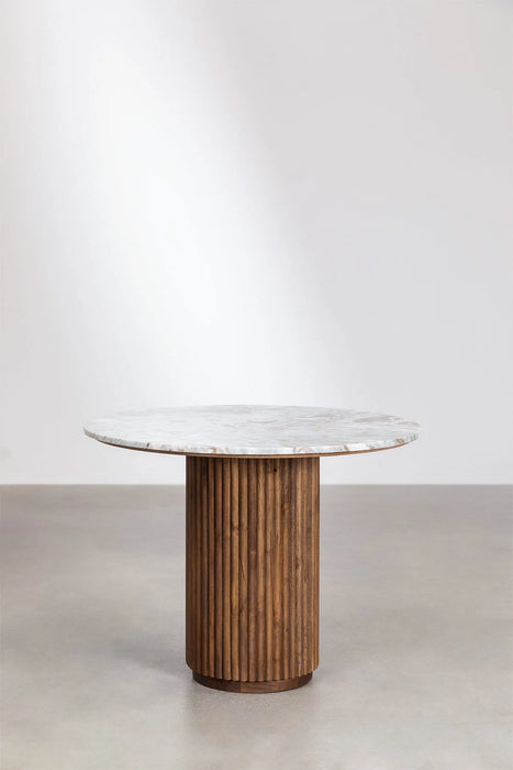 Round dining table made of natural stone and mango wood Giselda