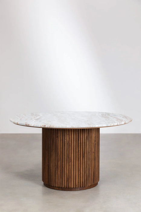 Round dining table made of natural stone and mango wood Giselda